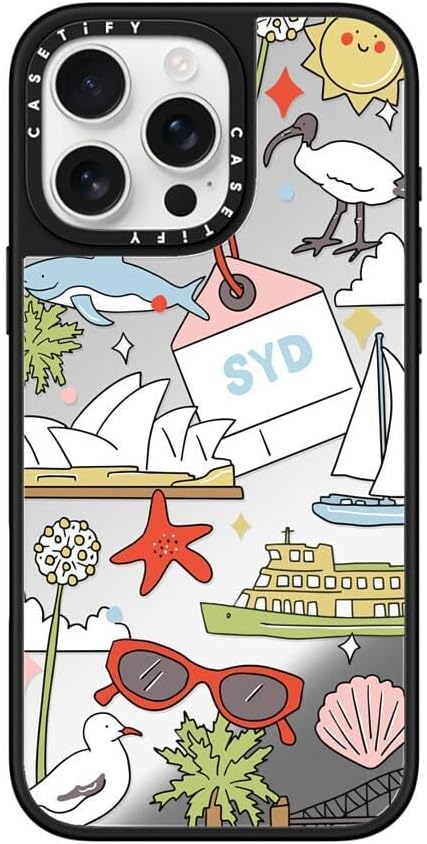 CASETiFY Mirror Case for iPhone 16 [Reflective / 4.9ft Drop Protection/Compatible with Magsafe] - Melbourne Stickers - Silver On Black