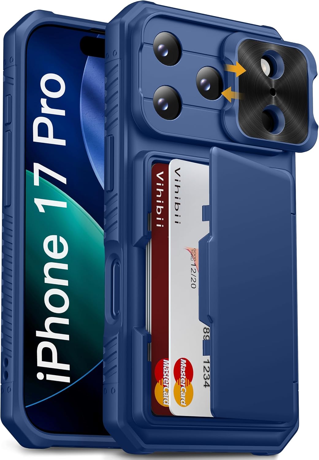 Vihibii for iPhone 17 Pro Case Wallet with Card Holder (4 Cards) [RFID Blocking] & Slide Camera Cover, Military Grade Drop Protection, Rugged Hard Back & Silicone Edge Phone Case 6.3 5G 2025, Black