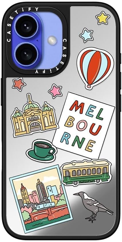CASETiFY Mirror Case for iPhone 16 [Reflective / 4.9ft Drop Protection/Compatible with Magsafe] - Melbourne Stickers - Silver On Black