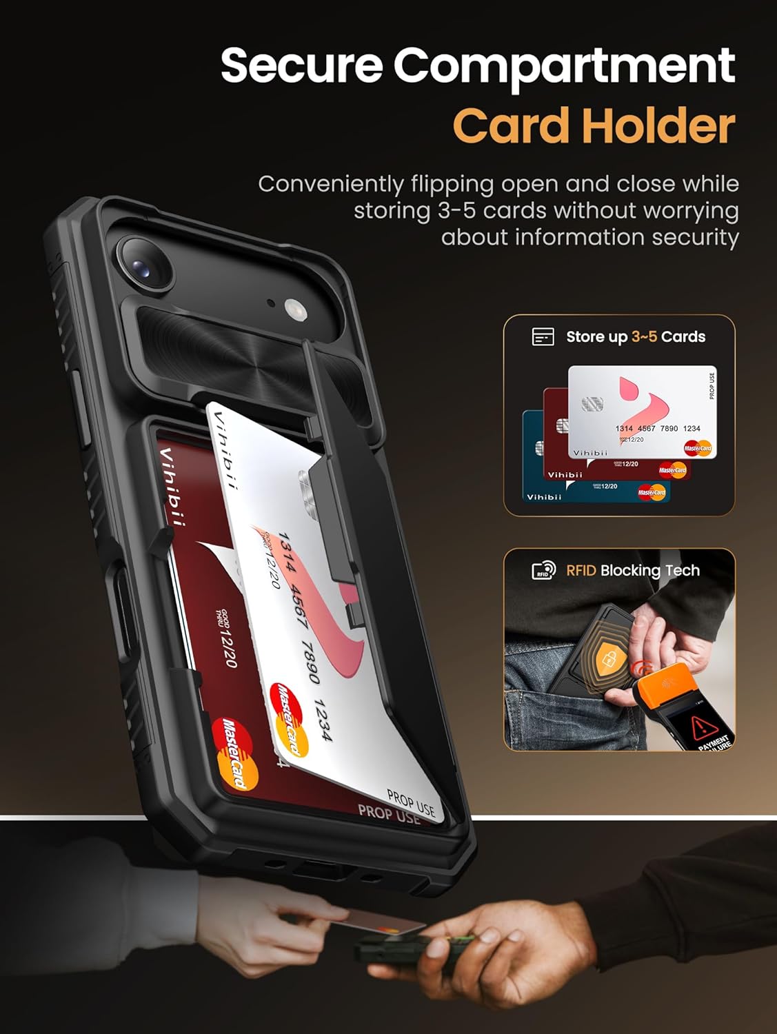 Vihibii for iPhone 17 Pro Case Wallet with Card Holder (4 Cards) [RFID Blocking] & Slide Camera Cover, Military Grade Drop Protection, Rugged Hard Back & Silicone Edge Phone Case 6.3 5G 2025, Black