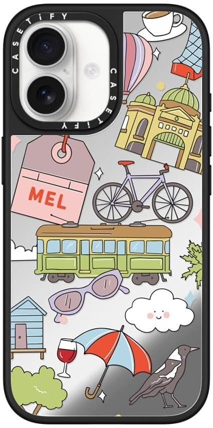 CASETiFY Mirror Case for iPhone 16 [Reflective / 4.9ft Drop Protection/Compatible with Magsafe] - Melbourne Stickers - Silver On Black