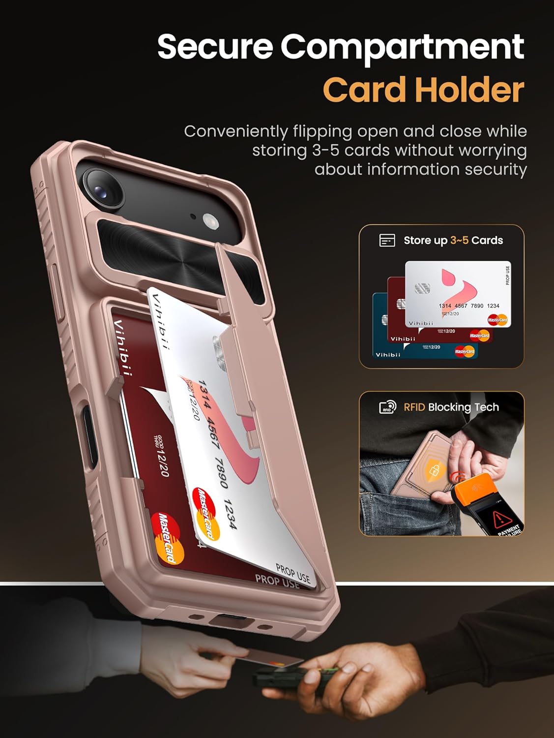 Vihibii for iPhone 17 Pro Case Wallet with Card Holder (4 Cards) [RFID Blocking] & Slide Camera Cover, Military Grade Drop Protection, Rugged Hard Back & Silicone Edge Phone Case 6.3 5G 2025, Black