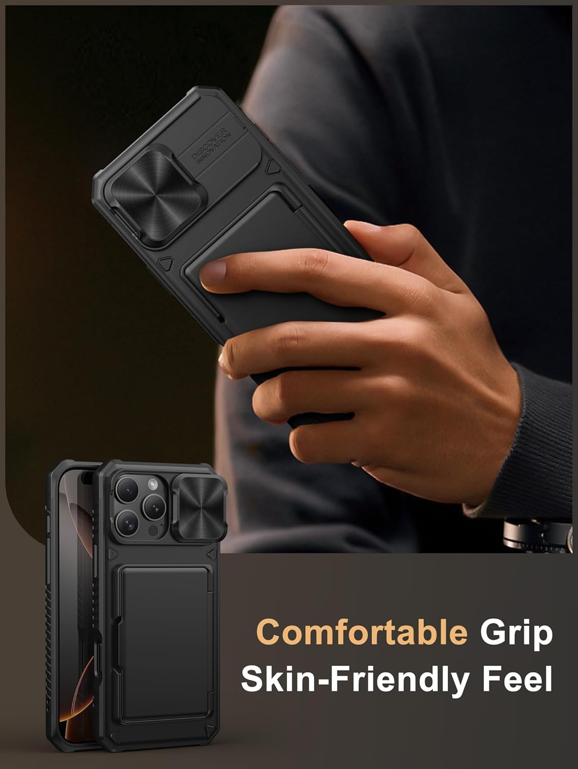 Vihibii for iPhone 17 Pro Case Wallet with Card Holder (4 Cards) [RFID Blocking] & Slide Camera Cover, Military Grade Drop Protection, Rugged Hard Back & Silicone Edge Phone Case 6.3 5G 2025, Black