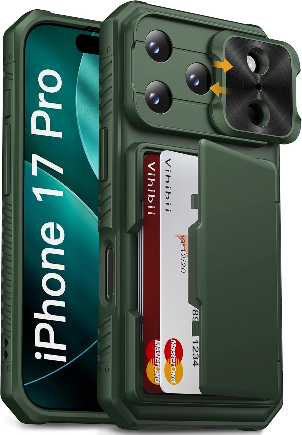 Vihibii for iPhone 17 Pro Case Wallet with Card Holder (4 Cards) [RFID Blocking] & Slide Camera Cover, Military Grade Drop Protection, Rugged Hard Back & Silicone Edge Phone Case 6.3 5G 2025, Black