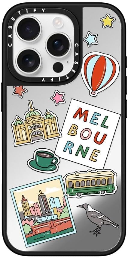 CASETiFY Mirror Case for iPhone 16 [Reflective / 4.9ft Drop Protection/Compatible with Magsafe] - Melbourne Stickers - Silver On Black