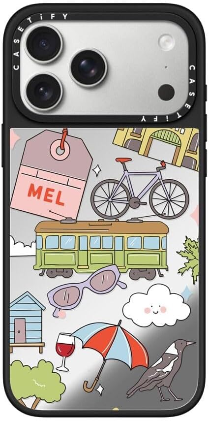 CASETiFY Mirror Case for iPhone 16 [Reflective / 4.9ft Drop Protection/Compatible with Magsafe] - Melbourne Stickers - Silver On Black