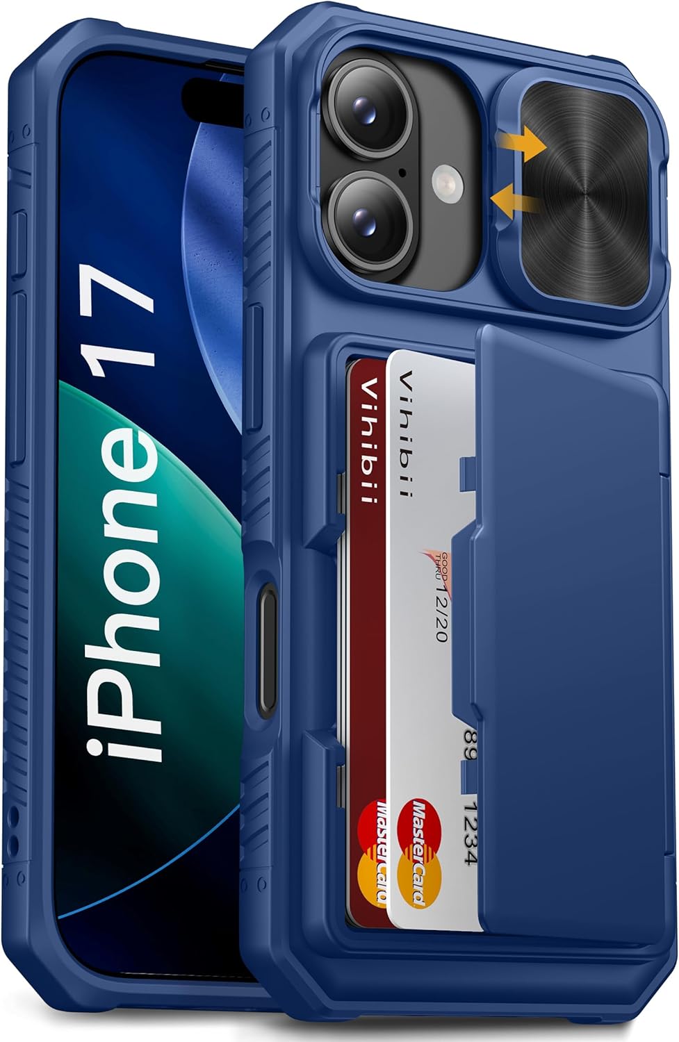 Vihibii for iPhone 17 Pro Case Wallet with Card Holder (4 Cards) [RFID Blocking] & Slide Camera Cover, Military Grade Drop Protection, Rugged Hard Back & Silicone Edge Phone Case 6.3 5G 2025, Black