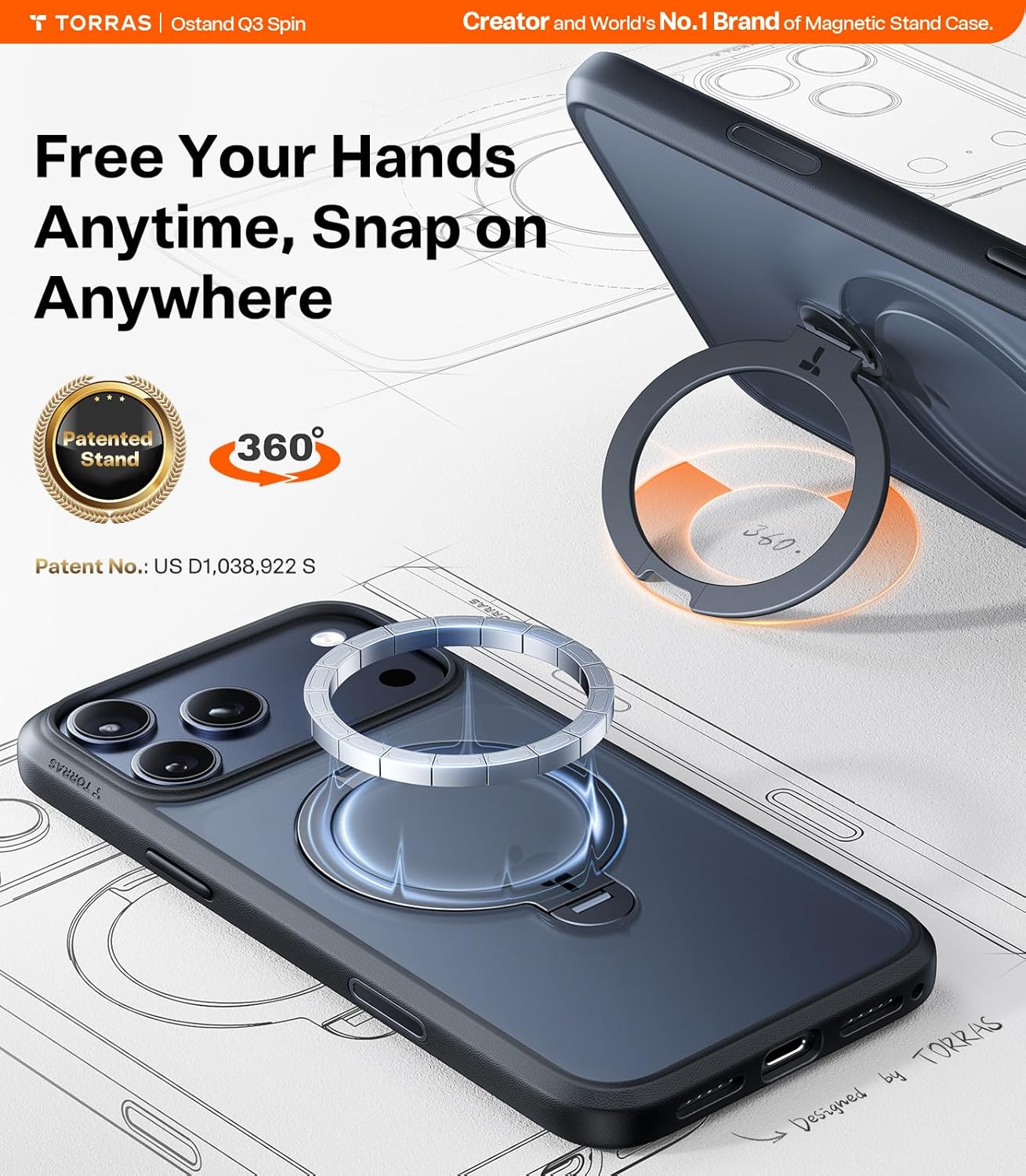 TORRAS Q3 360 Spin for iPhone 17 Pro Max Case Magnetic Stand, Compatible with Magsafe, Military Grade Protection, Camera Control, Built-in Kickstand 17 Pro Max Phone Case 6.9'', Clear