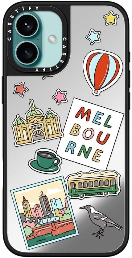 CASETiFY Mirror Case for iPhone 16 [Reflective / 4.9ft Drop Protection/Compatible with Magsafe] - Melbourne Stickers - Silver On Black