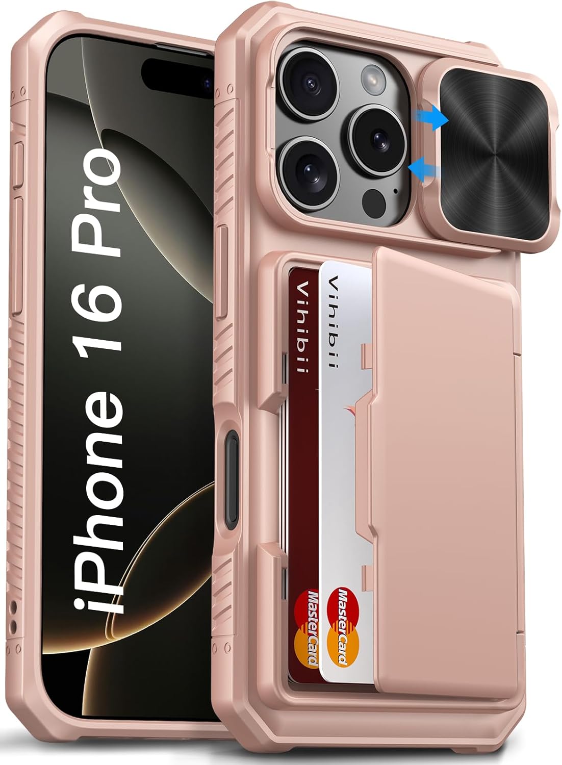 Vihibii for iPhone 17 Pro Case Wallet with Card Holder (4 Cards) [RFID Blocking] & Slide Camera Cover, Military Grade Drop Protection, Rugged Hard Back & Silicone Edge Phone Case 6.3 5G 2025, Black