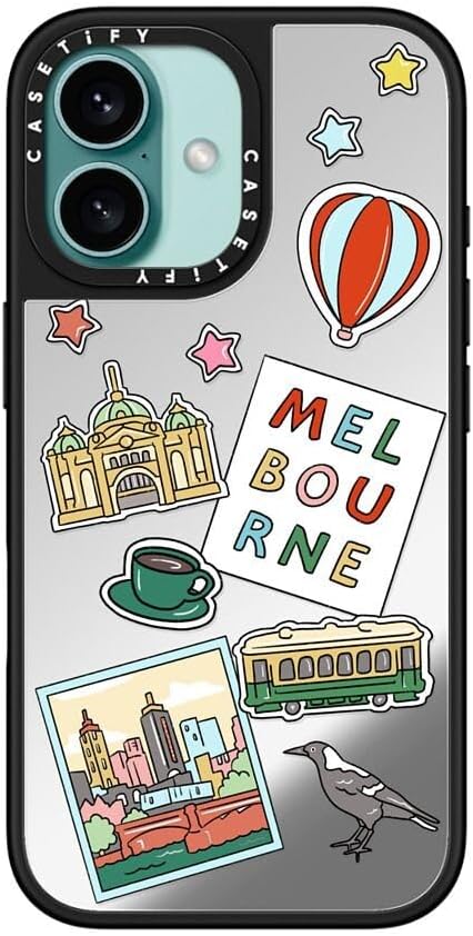 CASETiFY Mirror Case for iPhone 16 [Reflective / 4.9ft Drop Protection/Compatible with Magsafe] - Melbourne Stickers - Silver On Black