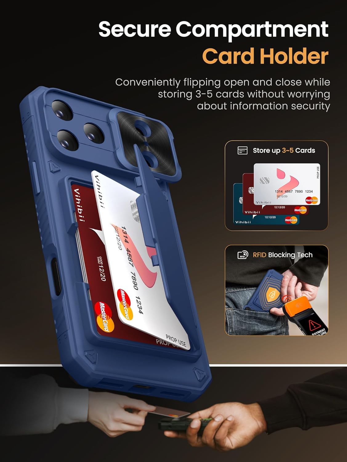 Vihibii for iPhone 17 Pro Case Wallet with Card Holder (4 Cards) [RFID Blocking] & Slide Camera Cover, Military Grade Drop Protection, Rugged Hard Back & Silicone Edge Phone Case 6.3 5G 2025, Black