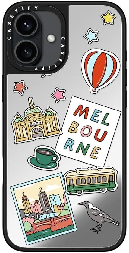 CASETiFY Mirror Case for iPhone 16 [Reflective / 4.9ft Drop Protection/Compatible with Magsafe] - Melbourne Stickers - Silver On Black