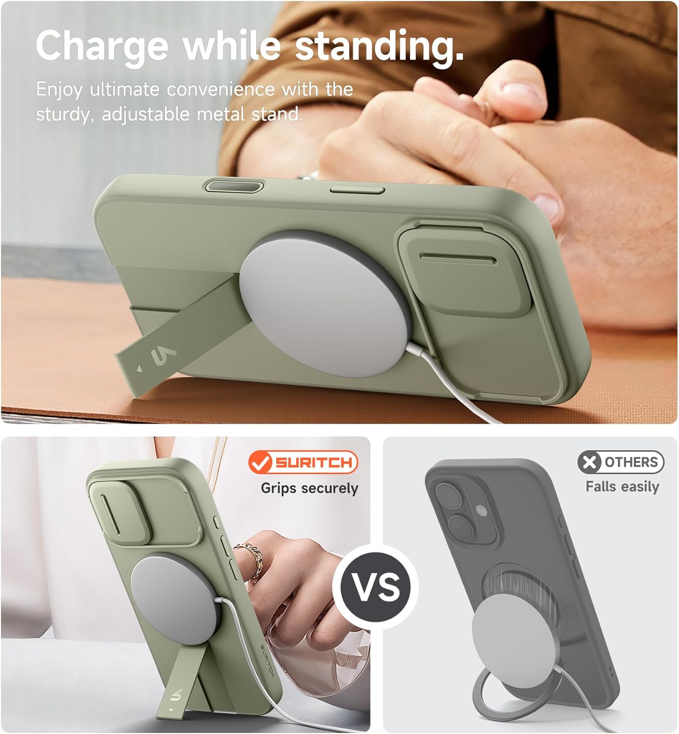 SURITCH for iPhone 12/12 Pro Case with Magnetic Camera Slide Cover and Adjustable Kickstand, Compatible with MagSafe, Shockproof Bumper Case Slim Protective Cover for iPhone 12/12 Pro 6.1 Inch, Black