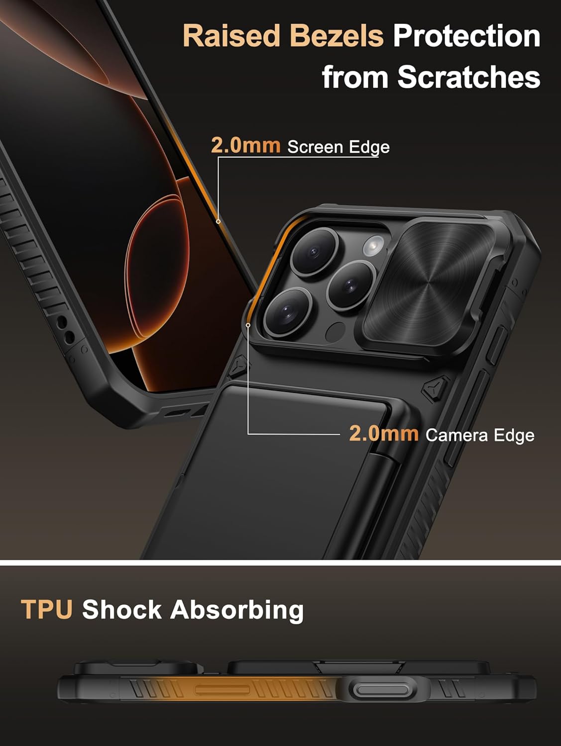 Vihibii for iPhone 17 Pro Case Wallet with Card Holder (4 Cards) [RFID Blocking] & Slide Camera Cover, Military Grade Drop Protection, Rugged Hard Back & Silicone Edge Phone Case 6.3 5G 2025, Black