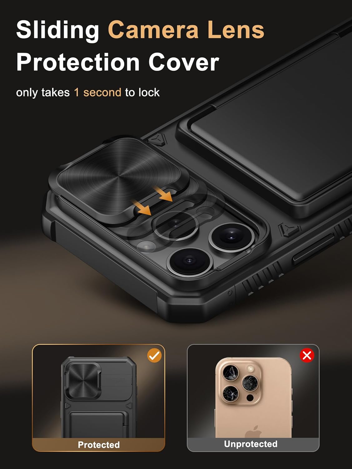 Vihibii for iPhone 17 Pro Case Wallet with Card Holder (4 Cards) [RFID Blocking] & Slide Camera Cover, Military Grade Drop Protection, Rugged Hard Back & Silicone Edge Phone Case 6.3 5G 2025, Black