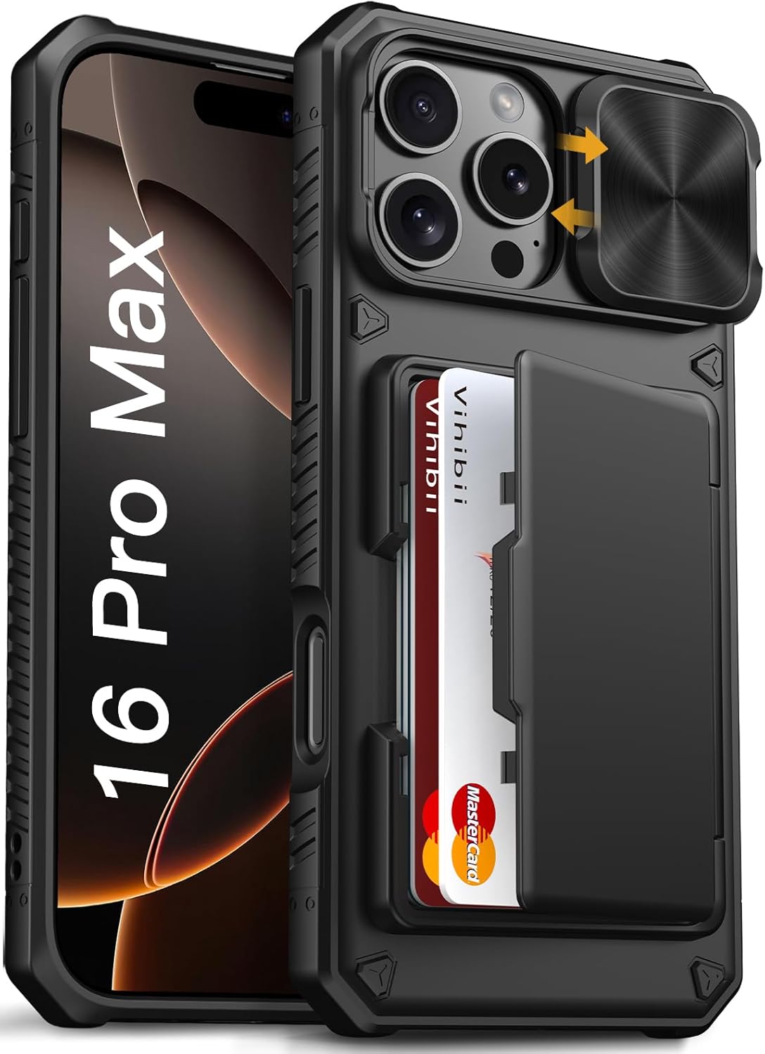 Vihibii for iPhone 17 Pro Case Wallet with Card Holder (4 Cards) [RFID Blocking] & Slide Camera Cover, Military Grade Drop Protection, Rugged Hard Back & Silicone Edge Phone Case 6.3 5G 2025, Black