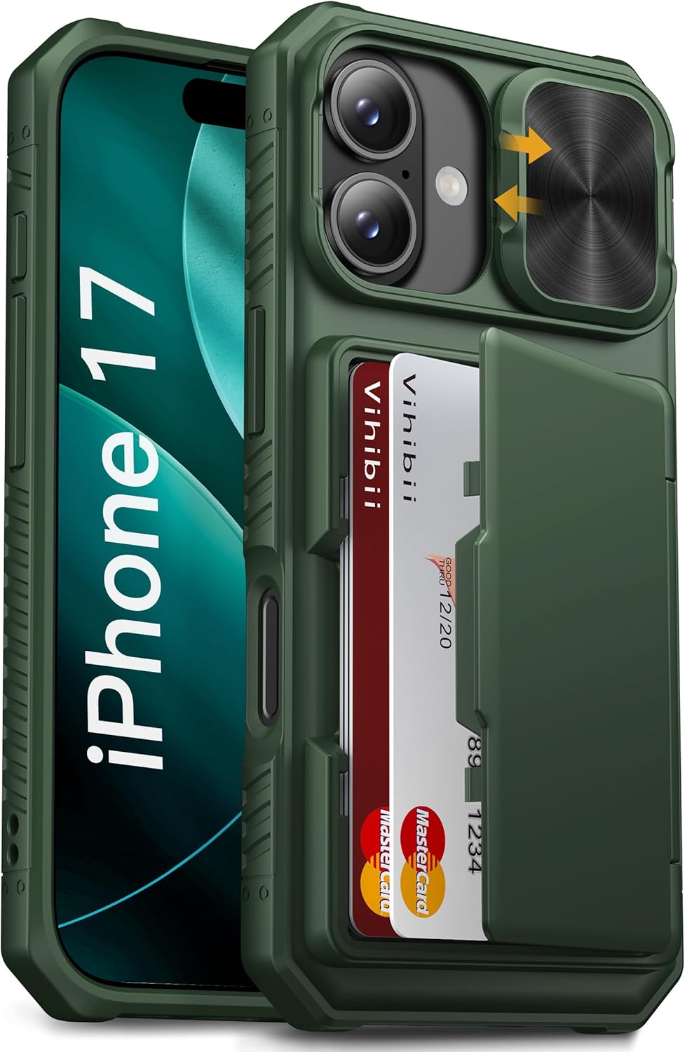 Vihibii for iPhone 17 Pro Case Wallet with Card Holder (4 Cards) [RFID Blocking] & Slide Camera Cover, Military Grade Drop Protection, Rugged Hard Back & Silicone Edge Phone Case 6.3 5G 2025, Black