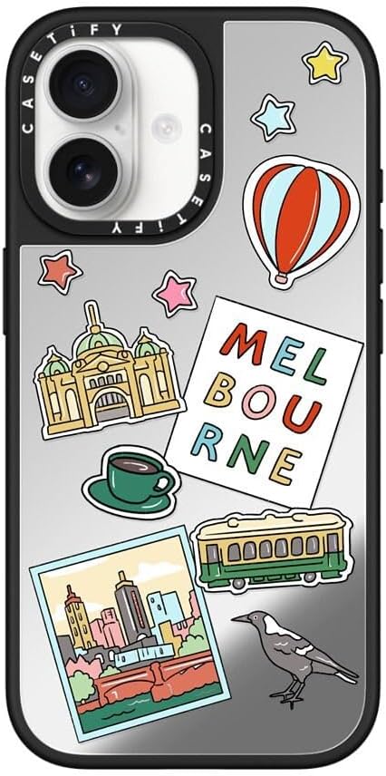 CASETiFY Mirror Case for iPhone 16 [Reflective / 4.9ft Drop Protection/Compatible with Magsafe] - Melbourne Stickers - Silver On Black