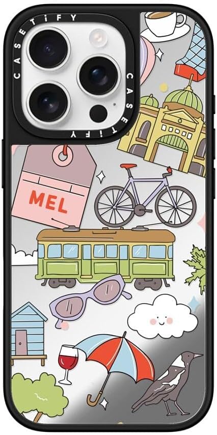 CASETiFY Mirror Case for iPhone 16 [Reflective / 4.9ft Drop Protection/Compatible with Magsafe] - Melbourne Stickers - Silver On Black