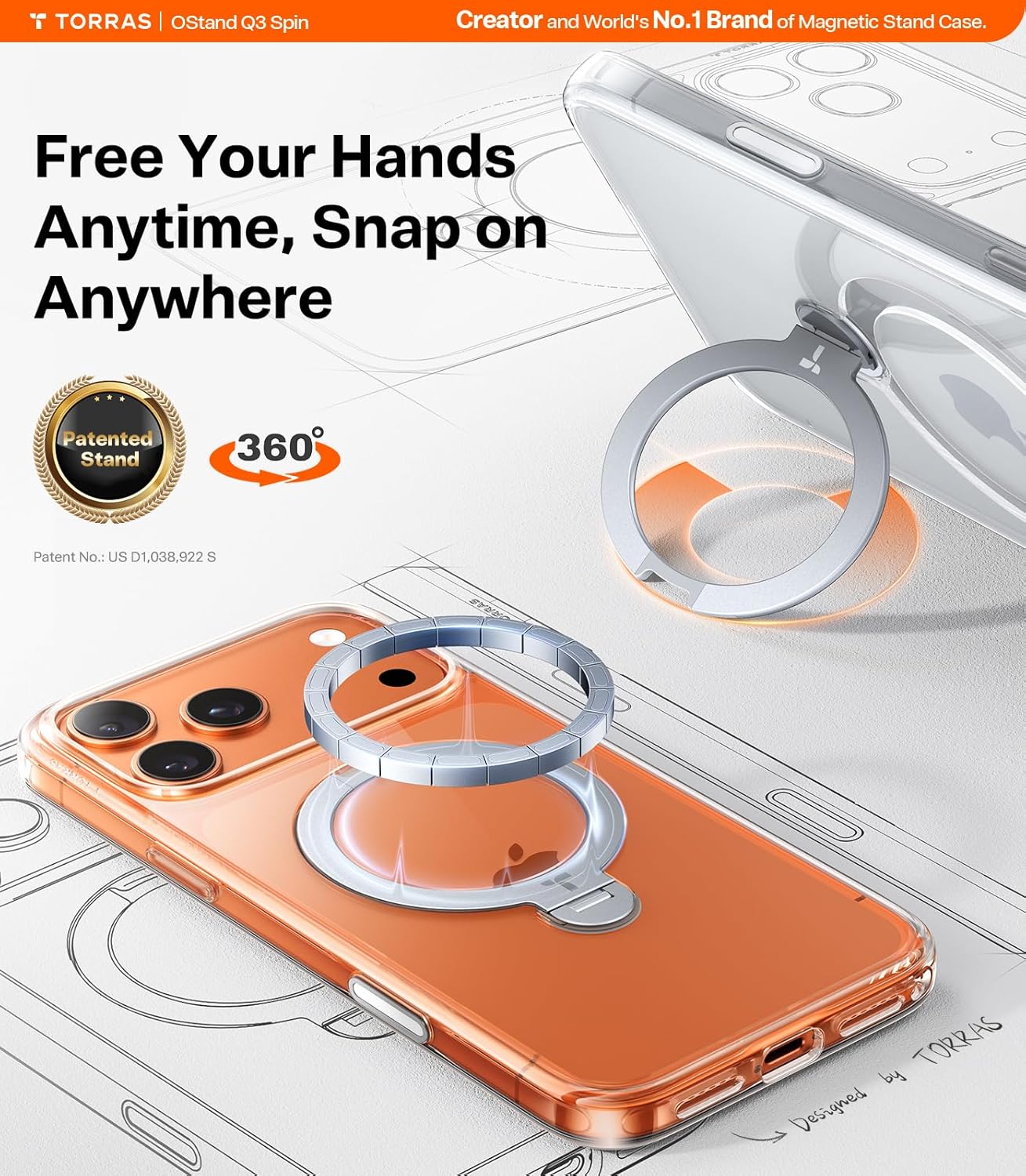 TORRAS Q3 360 Spin for iPhone 17 Pro Max Case Magnetic Stand, Compatible with Magsafe, Military Grade Protection, Camera Control, Built-in Kickstand 17 Pro Max Phone Case 6.9'', Clear