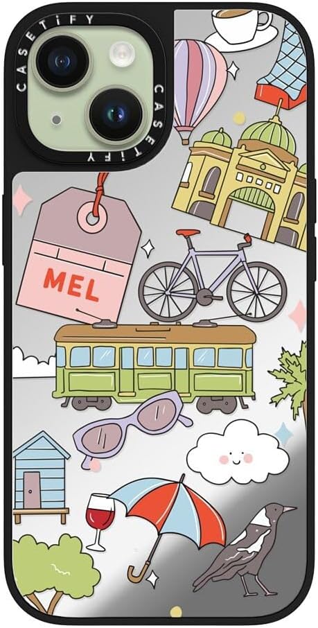 CASETiFY Mirror Case for iPhone 16 [Reflective / 4.9ft Drop Protection/Compatible with Magsafe] - Melbourne Stickers - Silver On Black