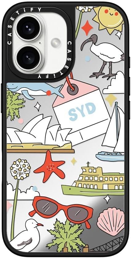 CASETiFY Mirror Case for iPhone 16 [Reflective / 4.9ft Drop Protection/Compatible with Magsafe] - Melbourne Stickers - Silver On Black