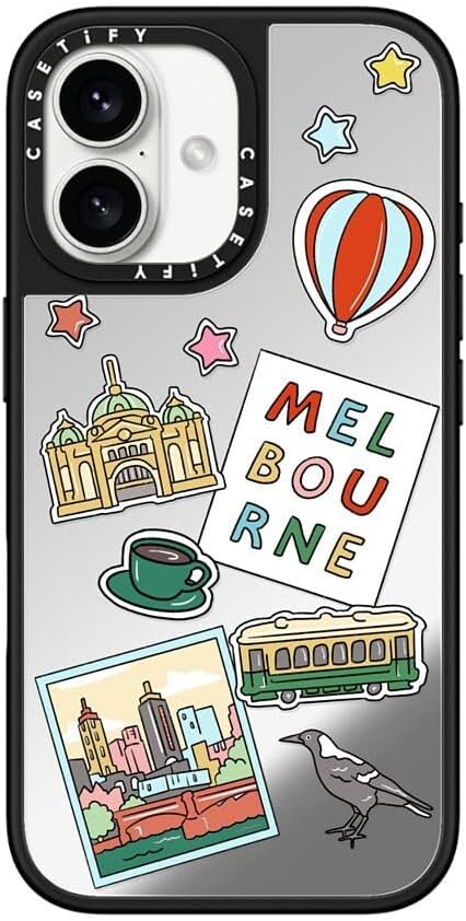 CASETiFY Mirror Case for iPhone 16 [Reflective / 4.9ft Drop Protection/Compatible with Magsafe] - Melbourne Stickers - Silver On Black