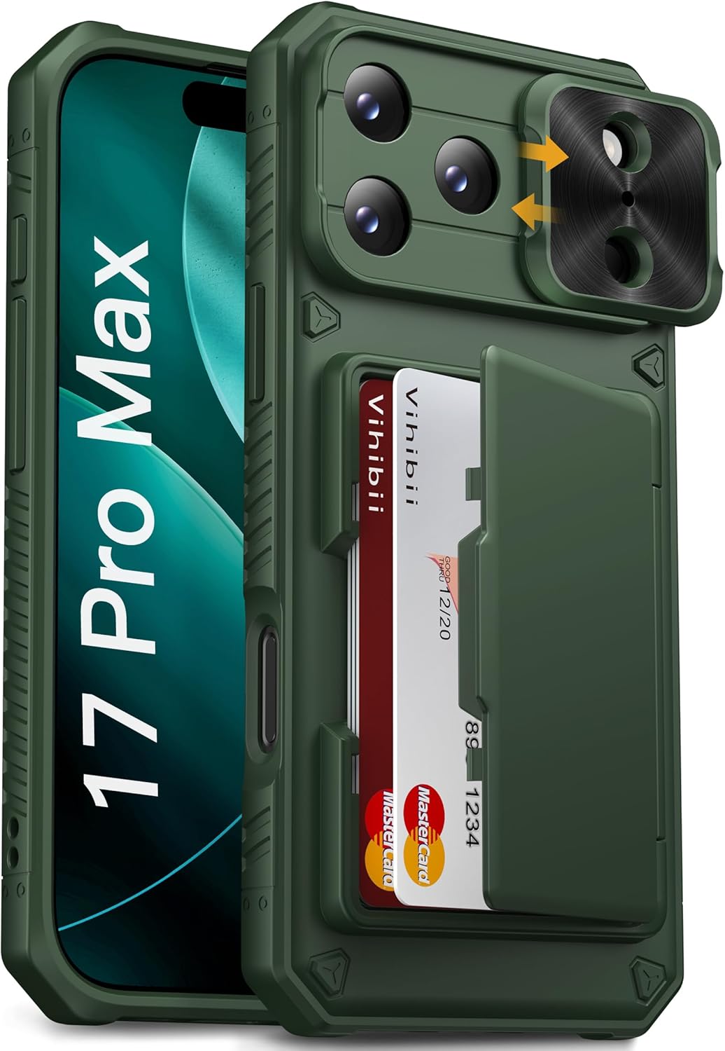 Vihibii for iPhone 17 Pro Case Wallet with Card Holder (4 Cards) [RFID Blocking] & Slide Camera Cover, Military Grade Drop Protection, Rugged Hard Back & Silicone Edge Phone Case 6.3 5G 2025, Black