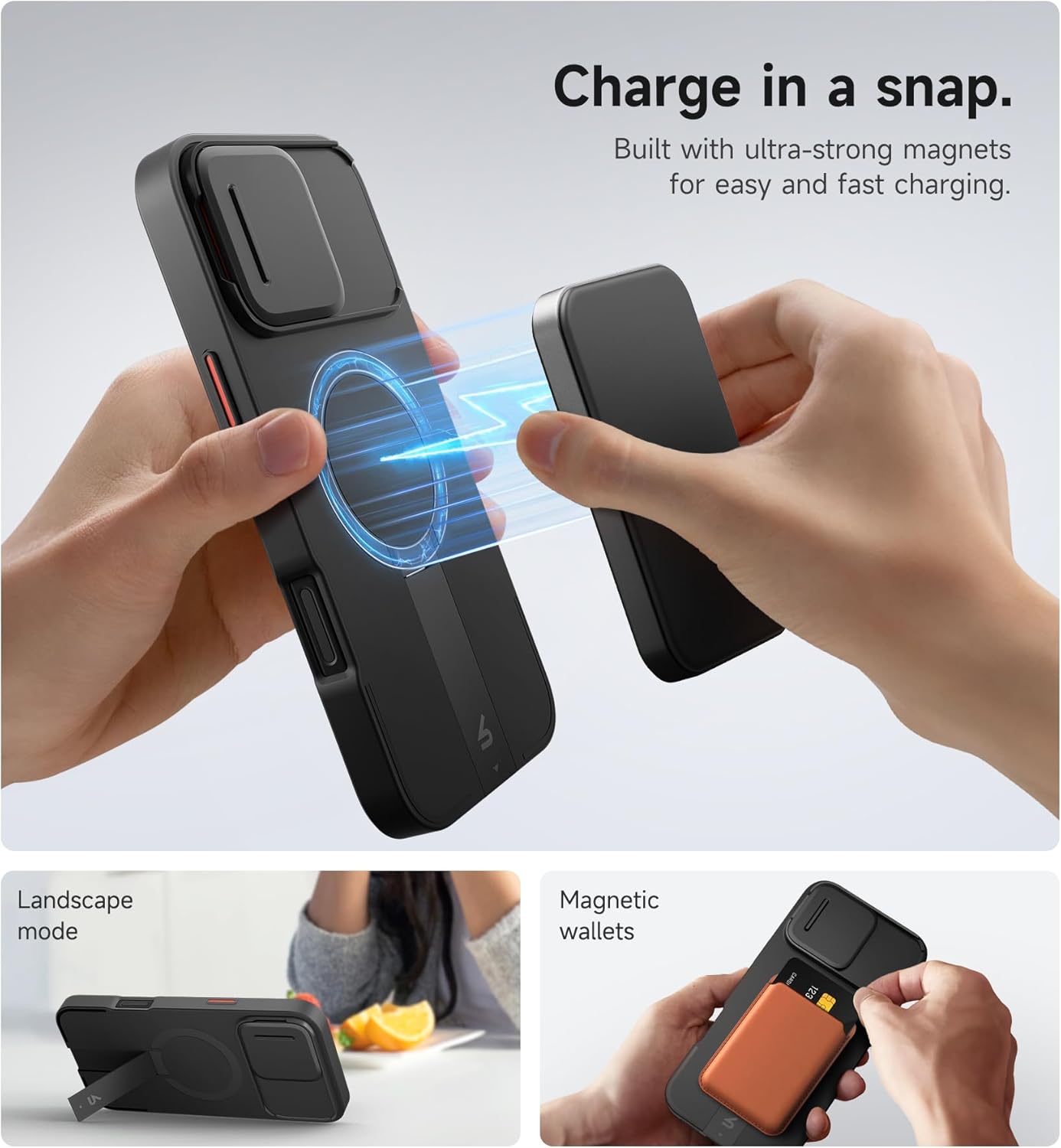 SURITCH for iPhone 12/12 Pro Case with Magnetic Camera Slide Cover and Adjustable Kickstand, Compatible with MagSafe, Shockproof Bumper Case Slim Protective Cover for iPhone 12/12 Pro 6.1 Inch, Black