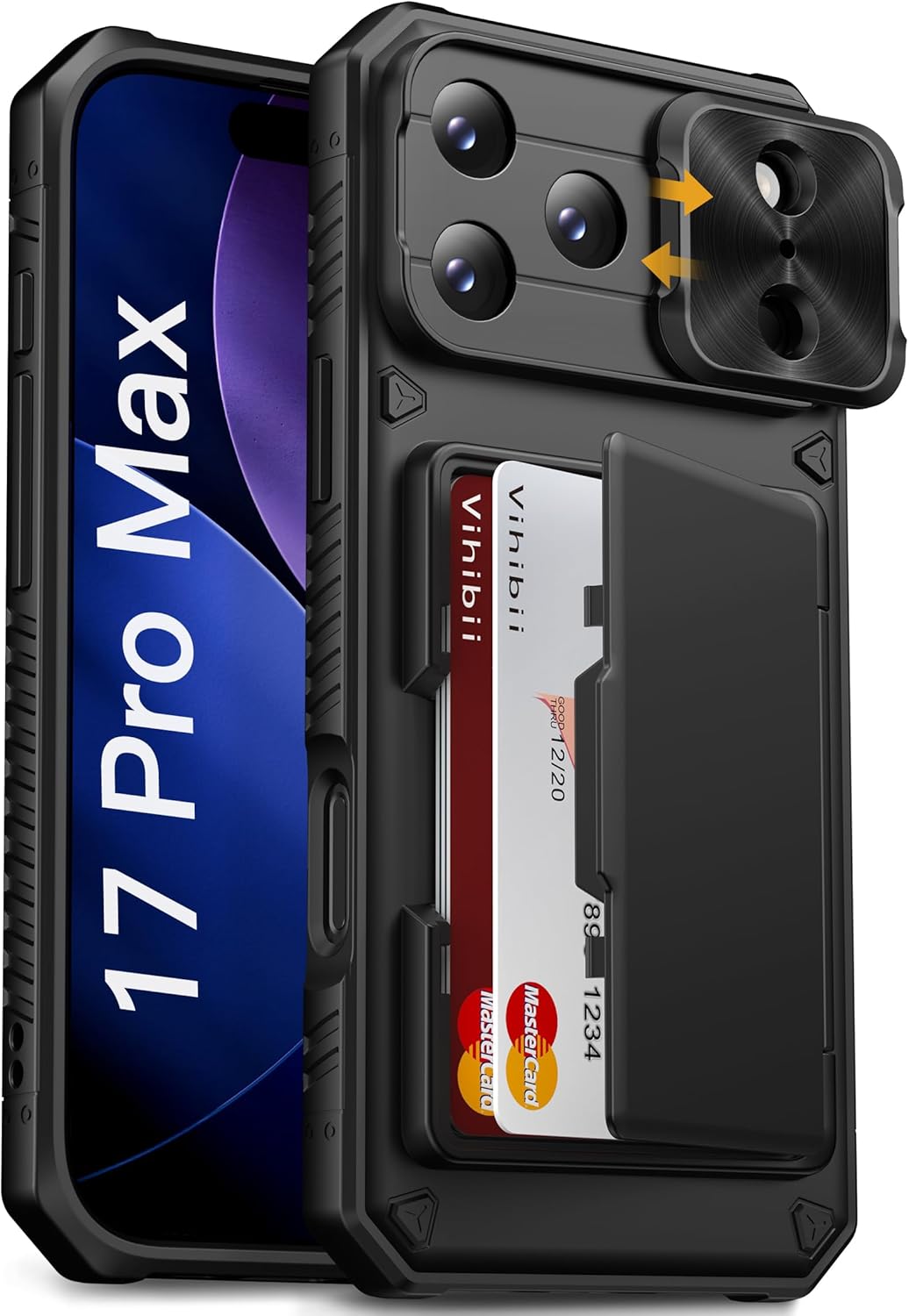 Vihibii for iPhone 17 Pro Case Wallet with Card Holder (4 Cards) [RFID Blocking] & Slide Camera Cover, Military Grade Drop Protection, Rugged Hard Back & Silicone Edge Phone Case 6.3 5G 2025, Black