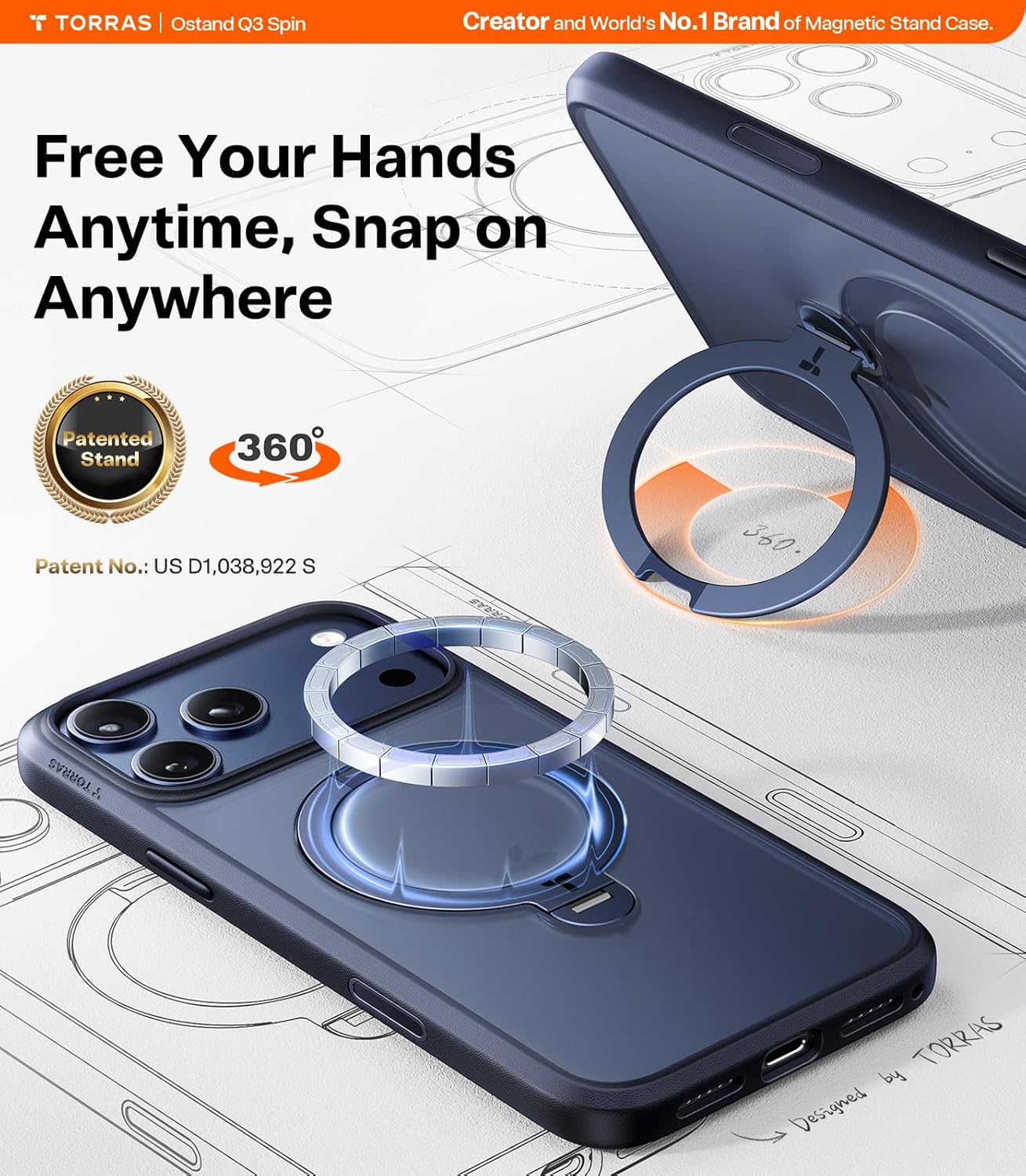 TORRAS Q3 360 Spin for iPhone 17 Pro Max Case Magnetic Stand, Compatible with Magsafe, Military Grade Protection, Camera Control, Built-in Kickstand 17 Pro Max Phone Case 6.9'', Clear