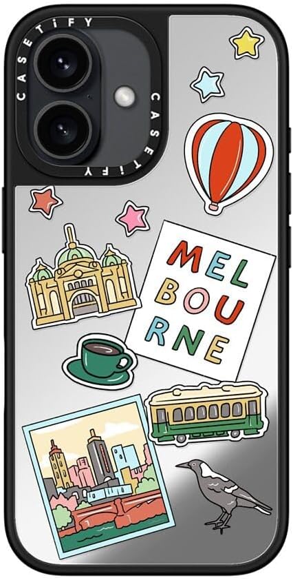 CASETiFY Mirror Case for iPhone 16 [Reflective / 4.9ft Drop Protection/Compatible with Magsafe] - Melbourne Stickers - Silver On Black