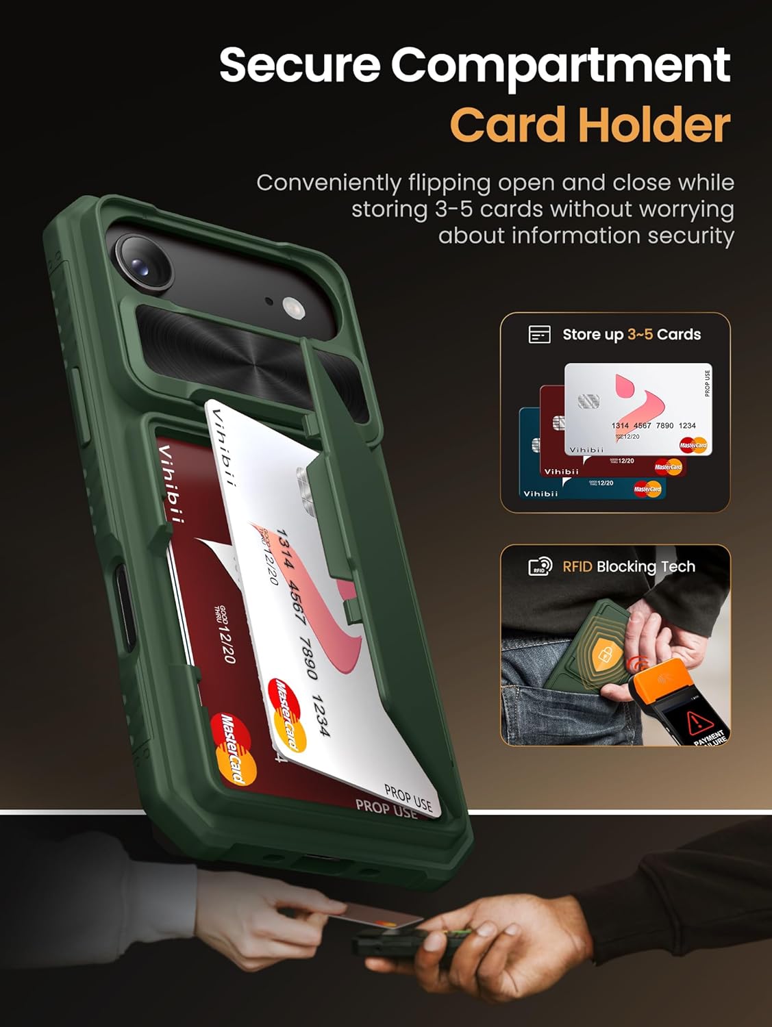 Vihibii for iPhone 17 Pro Case Wallet with Card Holder (4 Cards) [RFID Blocking] & Slide Camera Cover, Military Grade Drop Protection, Rugged Hard Back & Silicone Edge Phone Case 6.3 5G 2025, Black