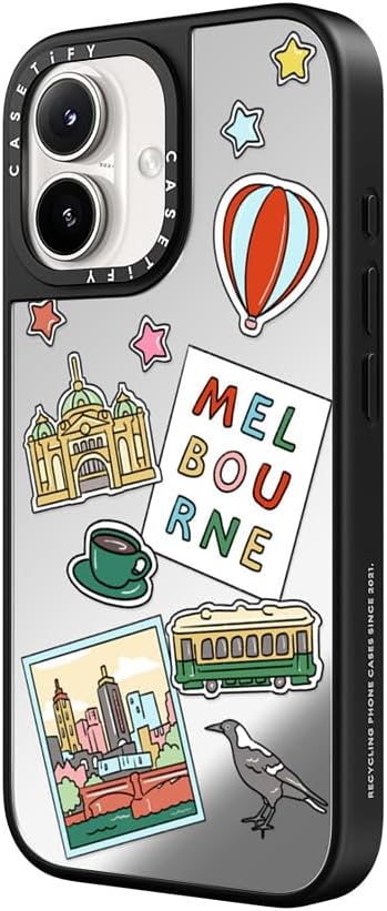 CASETiFY Mirror Case for iPhone 16 [Reflective / 4.9ft Drop Protection/Compatible with Magsafe] - Melbourne Stickers - Silver On Black
