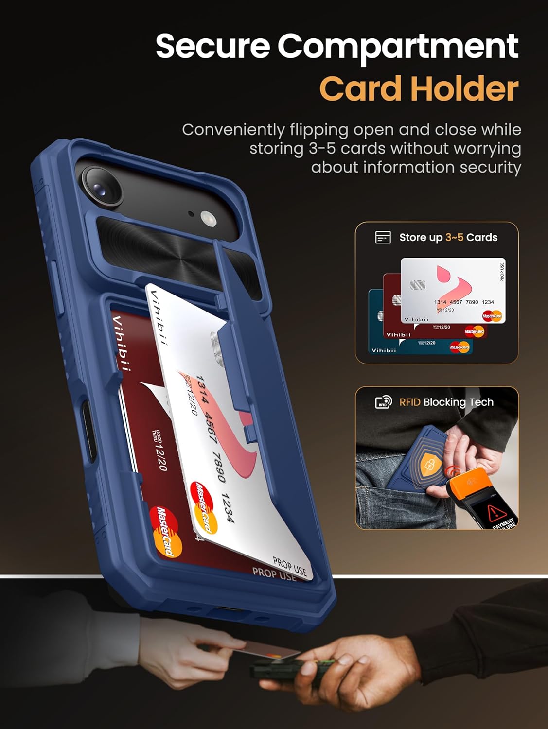 Vihibii for iPhone 17 Pro Case Wallet with Card Holder (4 Cards) [RFID Blocking] & Slide Camera Cover, Military Grade Drop Protection, Rugged Hard Back & Silicone Edge Phone Case 6.3 5G 2025, Black