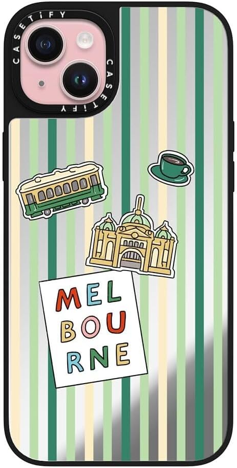 CASETiFY Mirror Case for iPhone 16 [Reflective / 4.9ft Drop Protection/Compatible with Magsafe] - Melbourne Stickers - Silver On Black