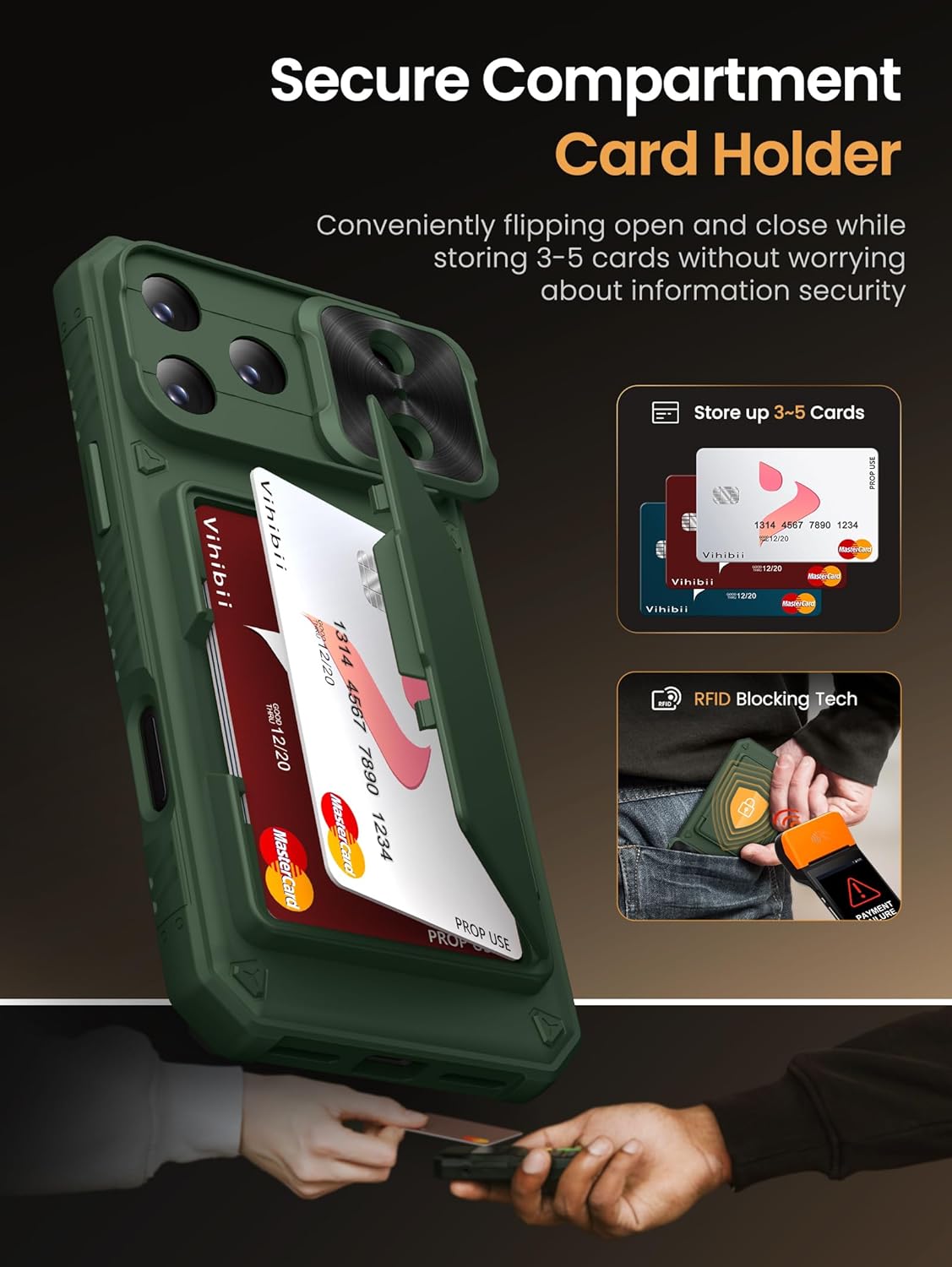 Vihibii for iPhone 17 Pro Case Wallet with Card Holder (4 Cards) [RFID Blocking] & Slide Camera Cover, Military Grade Drop Protection, Rugged Hard Back & Silicone Edge Phone Case 6.3 5G 2025, Black