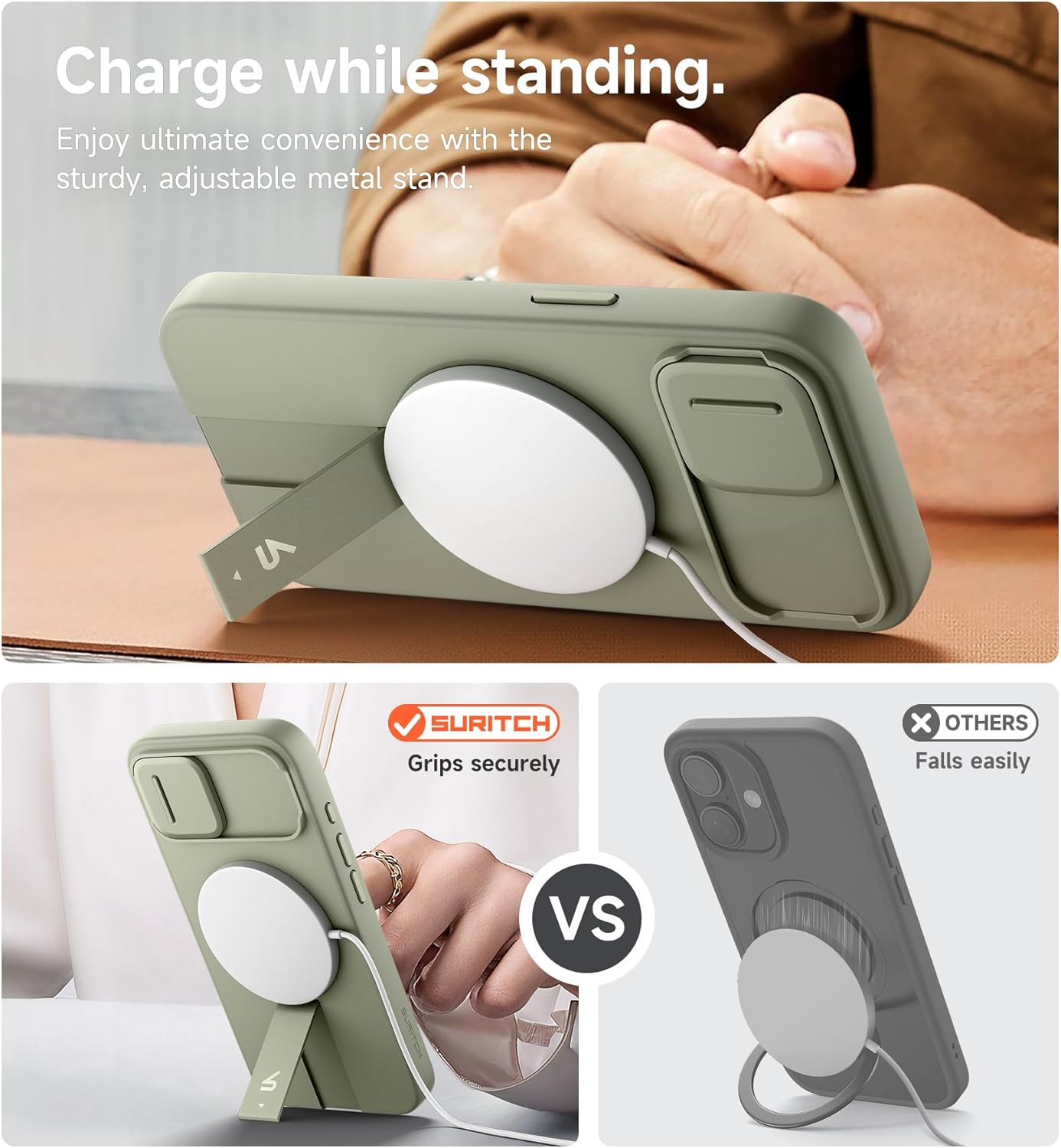 SURITCH for iPhone 12/12 Pro Case with Magnetic Camera Slide Cover and Adjustable Kickstand, Compatible with MagSafe, Shockproof Bumper Case Slim Protective Cover for iPhone 12/12 Pro 6.1 Inch, Black