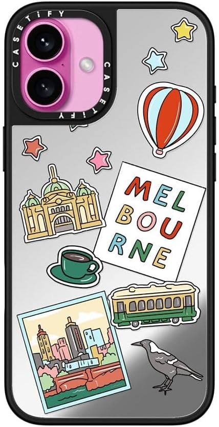 CASETiFY Mirror Case for iPhone 16 [Reflective / 4.9ft Drop Protection/Compatible with Magsafe] - Melbourne Stickers - Silver On Black