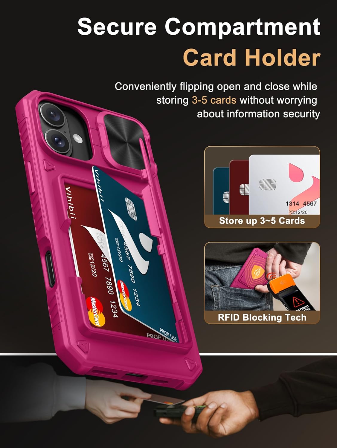 Vihibii for iPhone 17 Pro Case Wallet with Card Holder (4 Cards) [RFID Blocking] & Slide Camera Cover, Military Grade Drop Protection, Rugged Hard Back & Silicone Edge Phone Case 6.3 5G 2025, Black