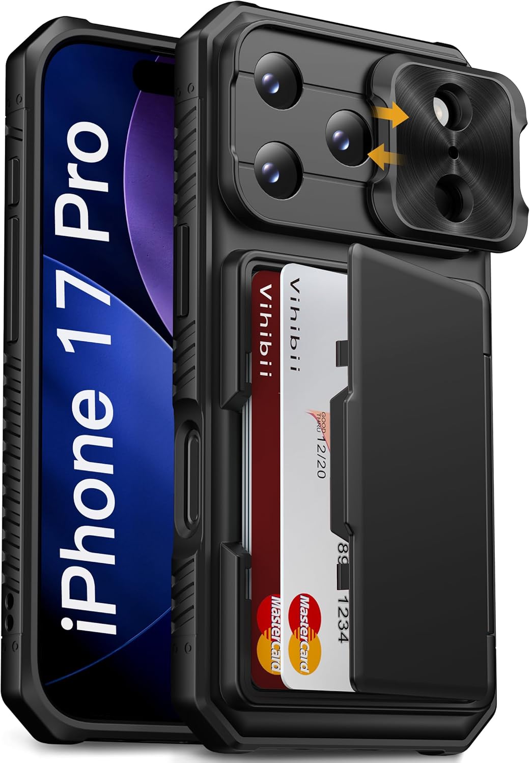 Vihibii for iPhone 17 Pro Case Wallet with Card Holder (4 Cards) [RFID Blocking] & Slide Camera Cover, Military Grade Drop Protection, Rugged Hard Back & Silicone Edge Phone Case 6.3 5G 2025, Black