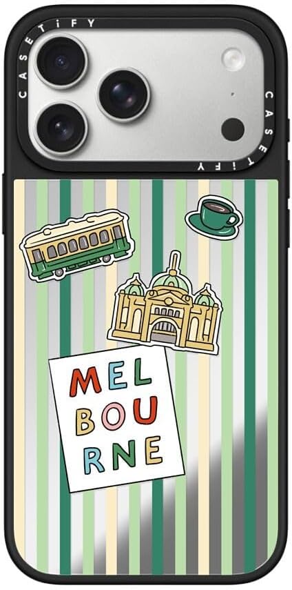 CASETiFY Mirror Case for iPhone 16 [Reflective / 4.9ft Drop Protection/Compatible with Magsafe] - Melbourne Stickers - Silver On Black