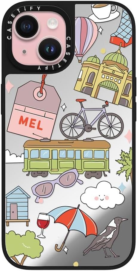 CASETiFY Mirror Case for iPhone 16 [Reflective / 4.9ft Drop Protection/Compatible with Magsafe] - Melbourne Stickers - Silver On Black