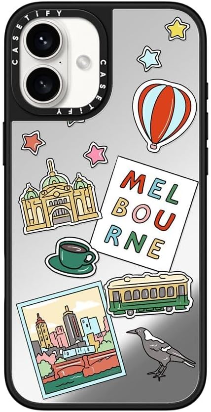 CASETiFY Mirror Case for iPhone 16 [Reflective / 4.9ft Drop Protection/Compatible with Magsafe] - Melbourne Stickers - Silver On Black
