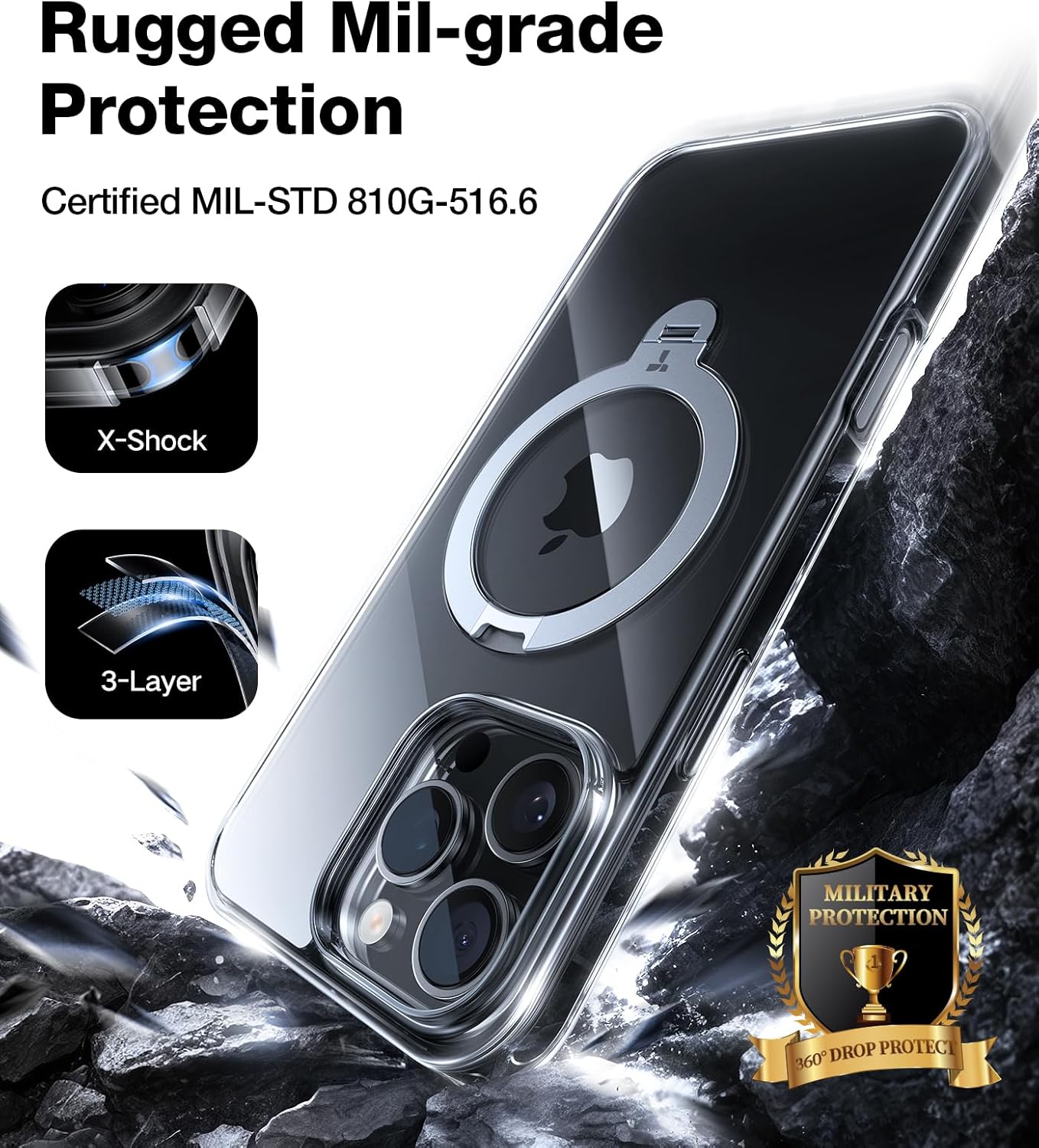 TORRAS Q3 360 Spin for iPhone 17 Pro Max Case Magnetic Stand, Compatible with Magsafe, Military Grade Protection, Camera Control, Built-in Kickstand 17 Pro Max Phone Case 6.9'', Clear