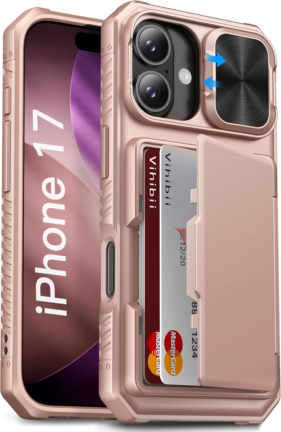 Vihibii for iPhone 17 Pro Case Wallet with Card Holder (4 Cards) [RFID Blocking] & Slide Camera Cover, Military Grade Drop Protection, Rugged Hard Back & Silicone Edge Phone Case 6.3 5G 2025, Black