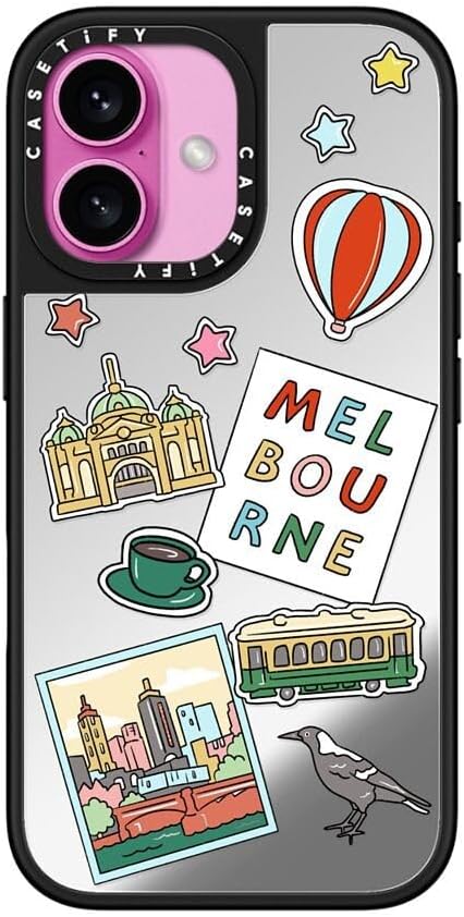 CASETiFY Mirror Case for iPhone 16 [Reflective / 4.9ft Drop Protection/Compatible with Magsafe] - Melbourne Stickers - Silver On Black