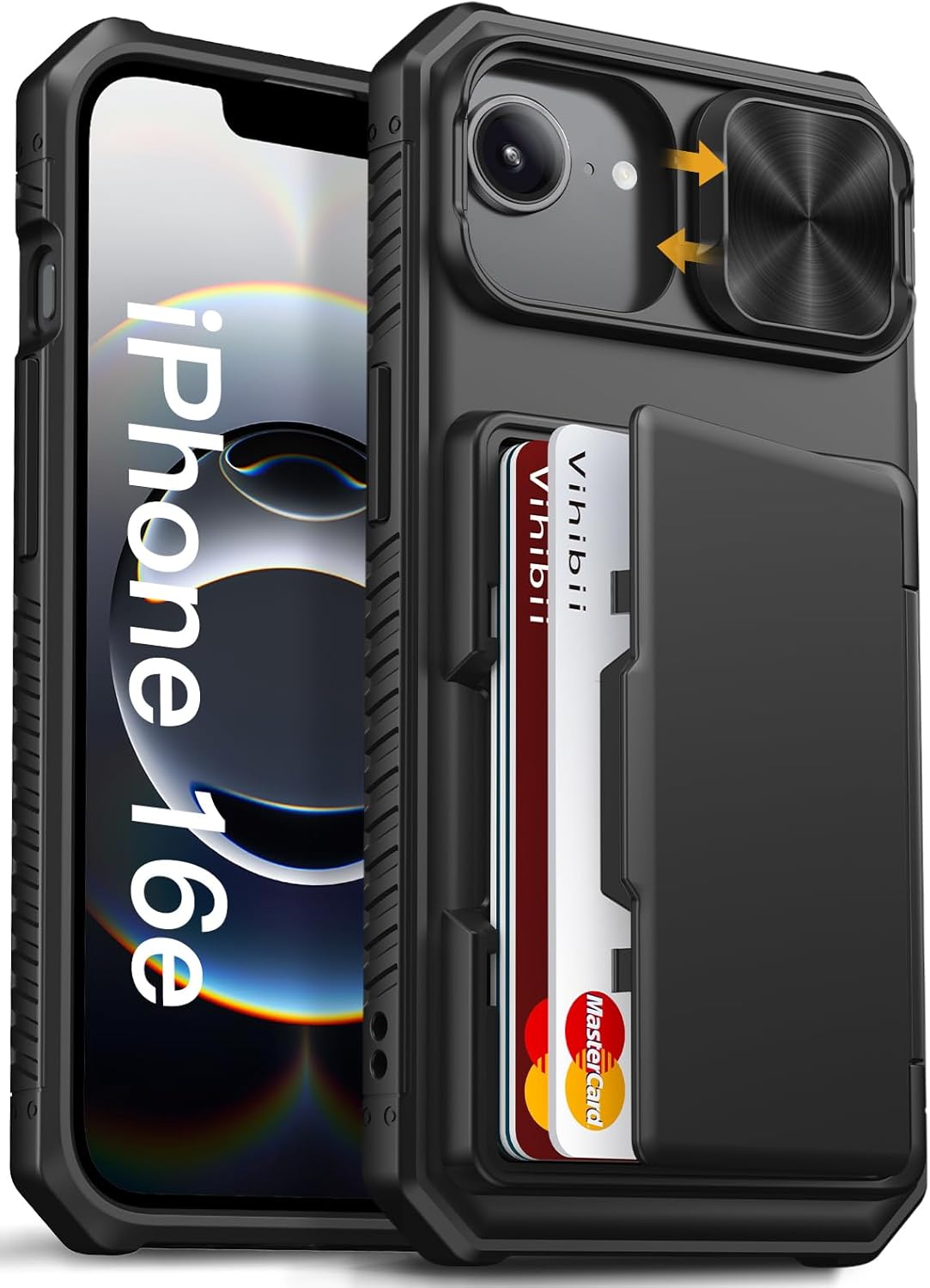 Vihibii for iPhone 17 Pro Case Wallet with Card Holder (4 Cards) [RFID Blocking] & Slide Camera Cover, Military Grade Drop Protection, Rugged Hard Back & Silicone Edge Phone Case 6.3 5G 2025, Black