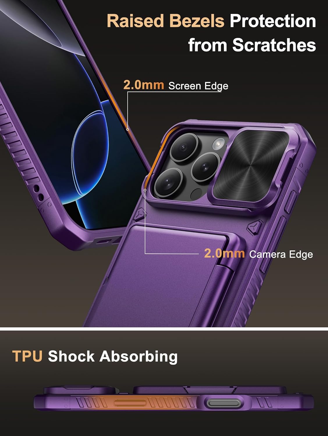 Vihibii for iPhone 17 Pro Case Wallet with Card Holder (4 Cards) [RFID Blocking] & Slide Camera Cover, Military Grade Drop Protection, Rugged Hard Back & Silicone Edge Phone Case 6.3 5G 2025, Black